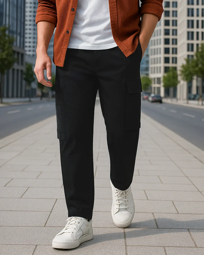 bewakoof Men's Jet Black Cargo Pants